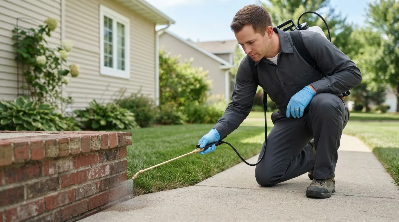 Pest control technician treating a home near Osage, IA