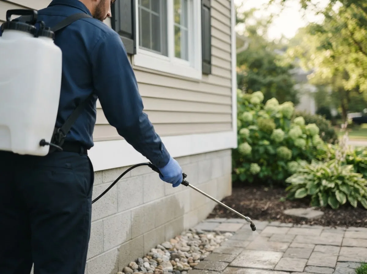 Pest control technician inspecting a home in Osage, IA